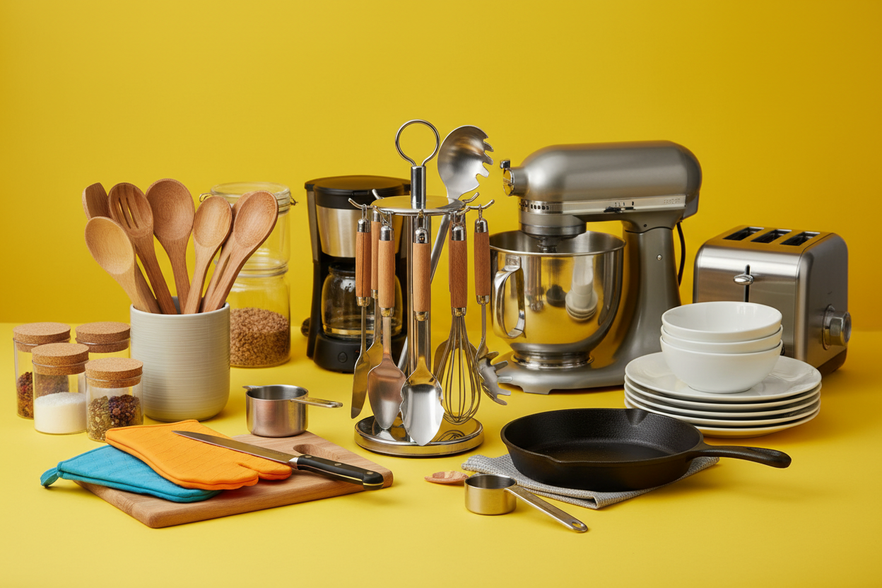 Kitchen accessories on yellow background
